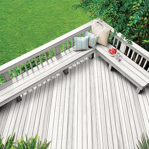 Gray Wood Stain Colors Aerial view of deck with bench
