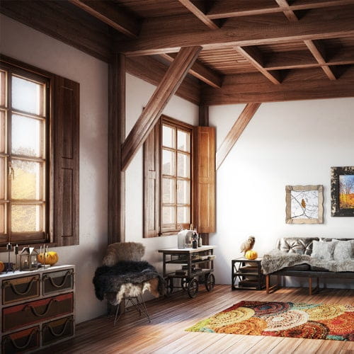 Room with wooden ceiling, flooring, and shutters with some wooden furniture and colorful rugs, pillows, and other small accessories